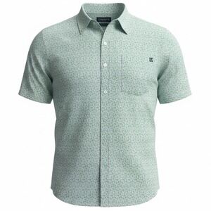 Huk Mens M Kona Printed Short Sleeve Button Down Shirt Green Fishing Lures